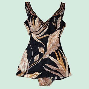 Vintage 1970's Bathing Suit Black w/ Amber Leaves - Size S-M 🍂